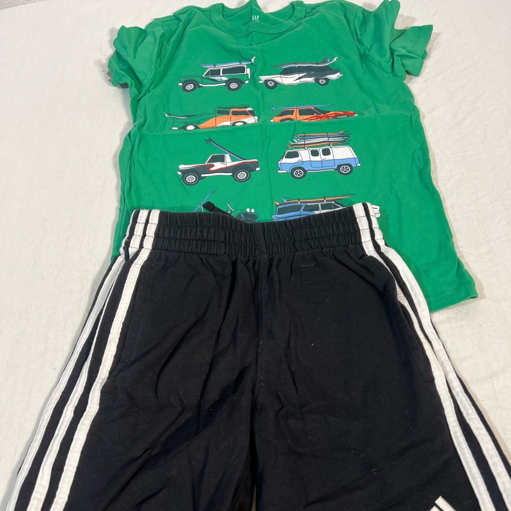 Adidas Black cotton 3 stripe shorts and Gap green short sleeve tee